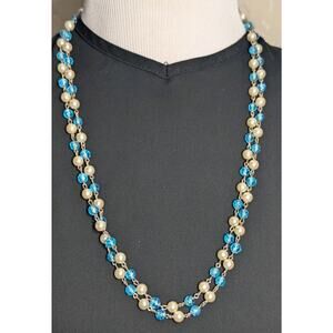 Vintage Faceted Teal Glass Bead Faux Pearl Necklace 52in Long Costume Jewelry